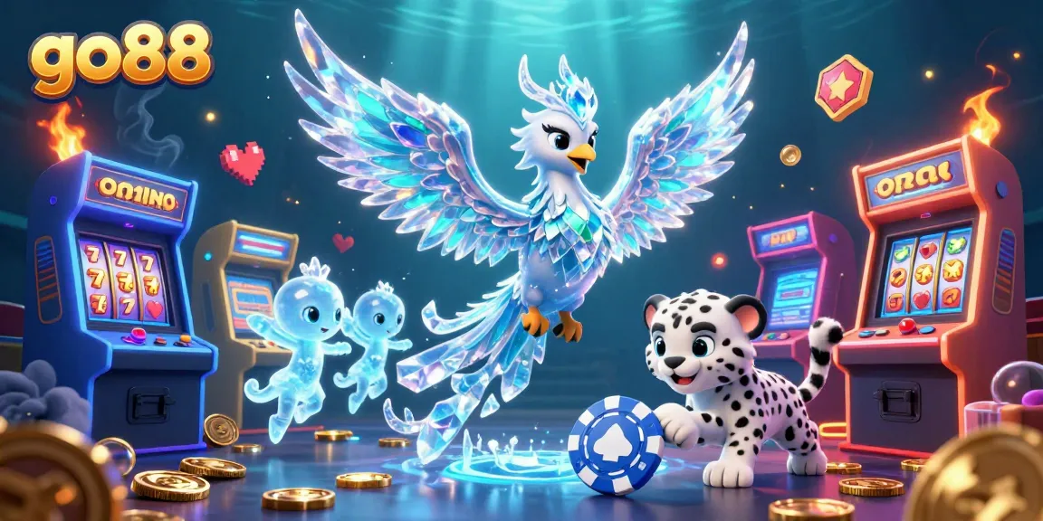 Engage in go88's thrilling casino atmosphere with an ice phoenix, poker chip, and vibrant gaming elements.