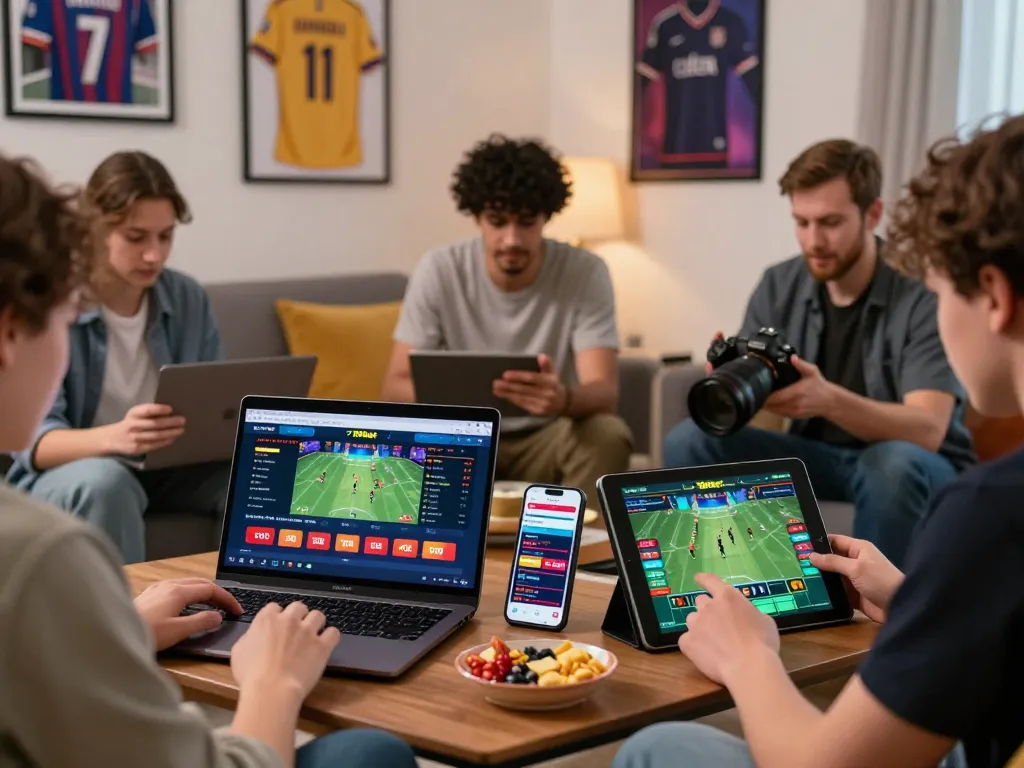 Players enjoying their gaming session, accessing the 789bet link on multiple devices, surrounded by a vibrant atmosphere.