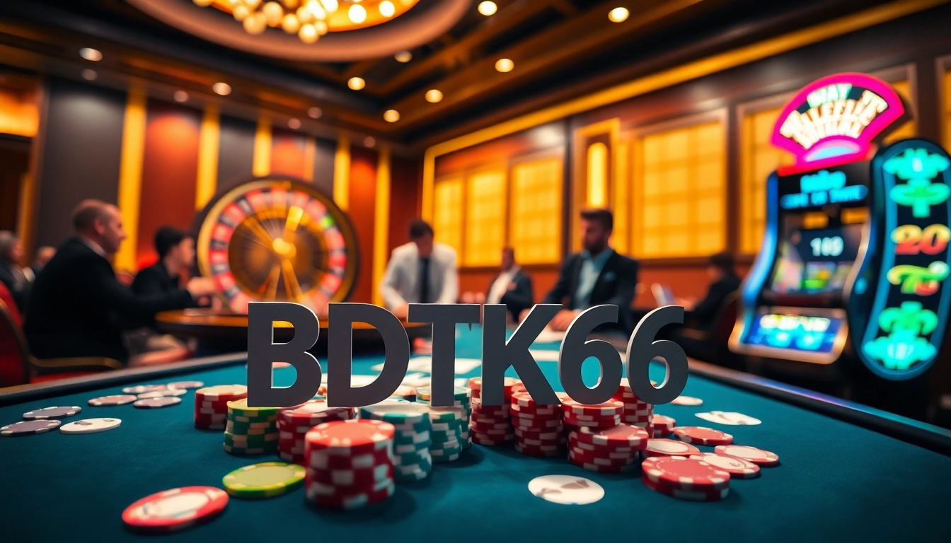 BDTK66 poker players strategizing at a vibrant casino table with roulette and chips.