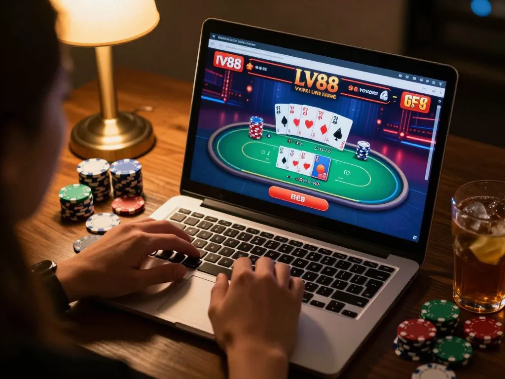 Engaged player using LV88 platform for online poker, showcasing strategic gameplay moments.