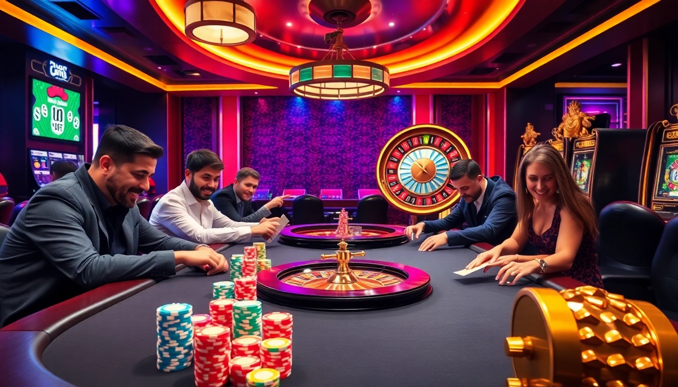 Experience the thrill of Luck8 Com with vibrant casino action featuring poker tables and roulette wheels.