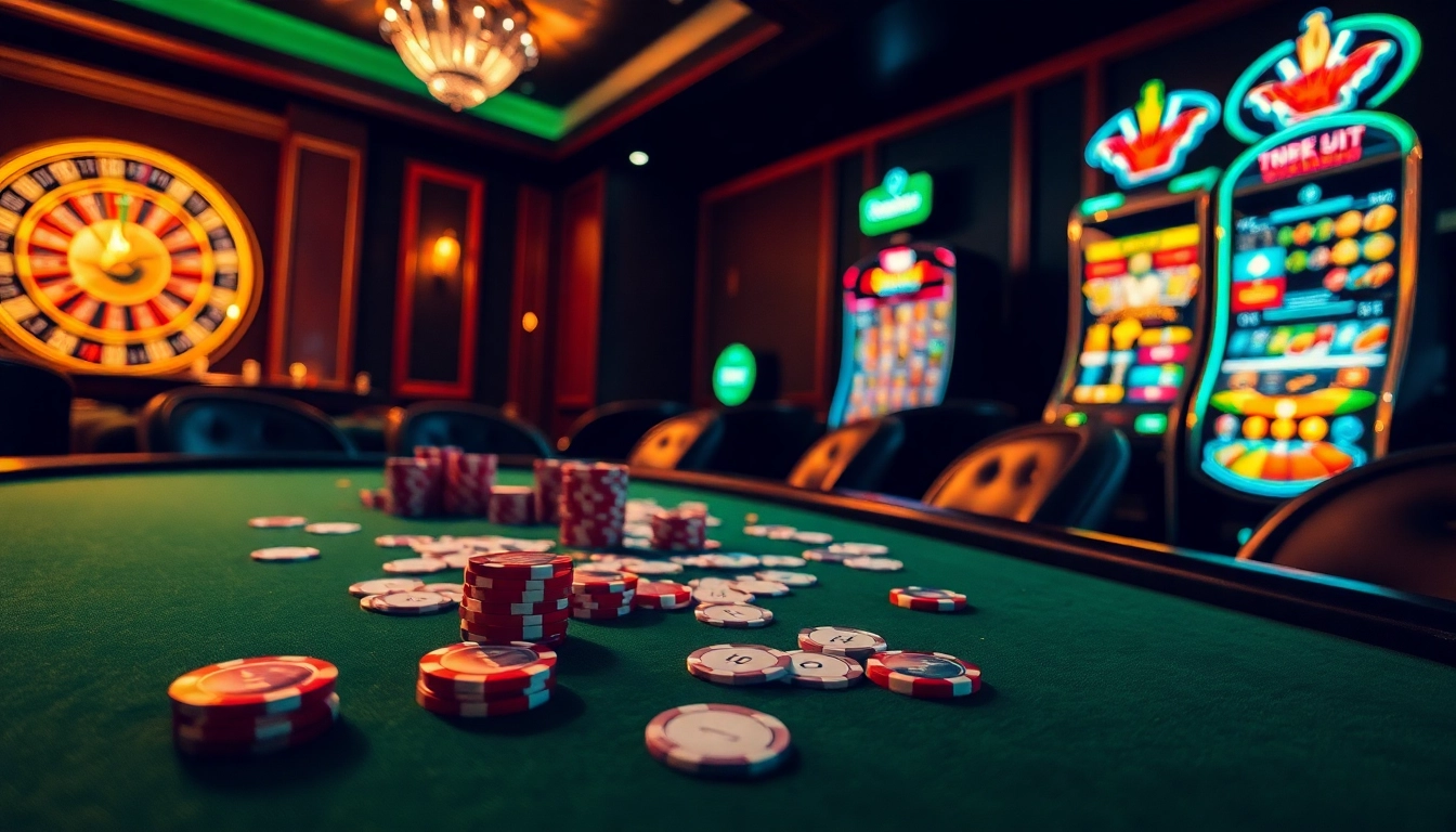 Engaging casino scene showcasing a poker table with chips and cards featuring https://sclub88.app/ and vibrant colors.