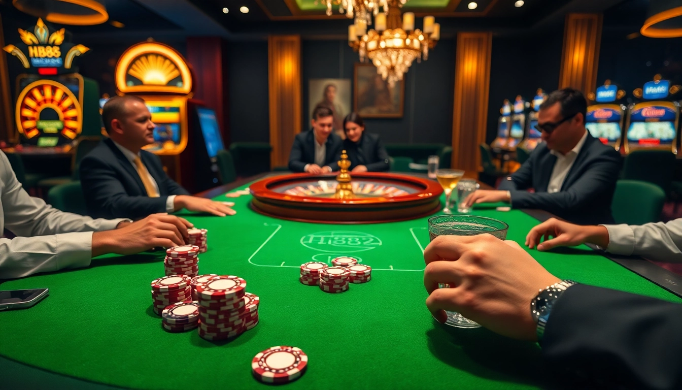 HB88 players enjoy an exciting game at a luxurious casino table filled with colorful chips.