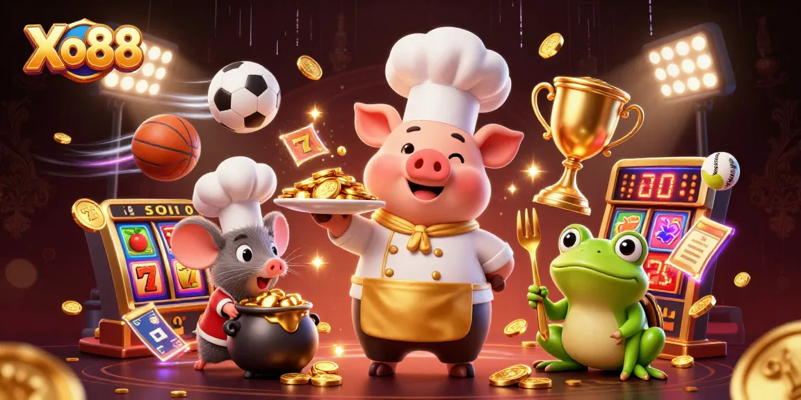 Engage with Xo88 through a vibrant casino scene with chefs, gold coins, and animated game elements.