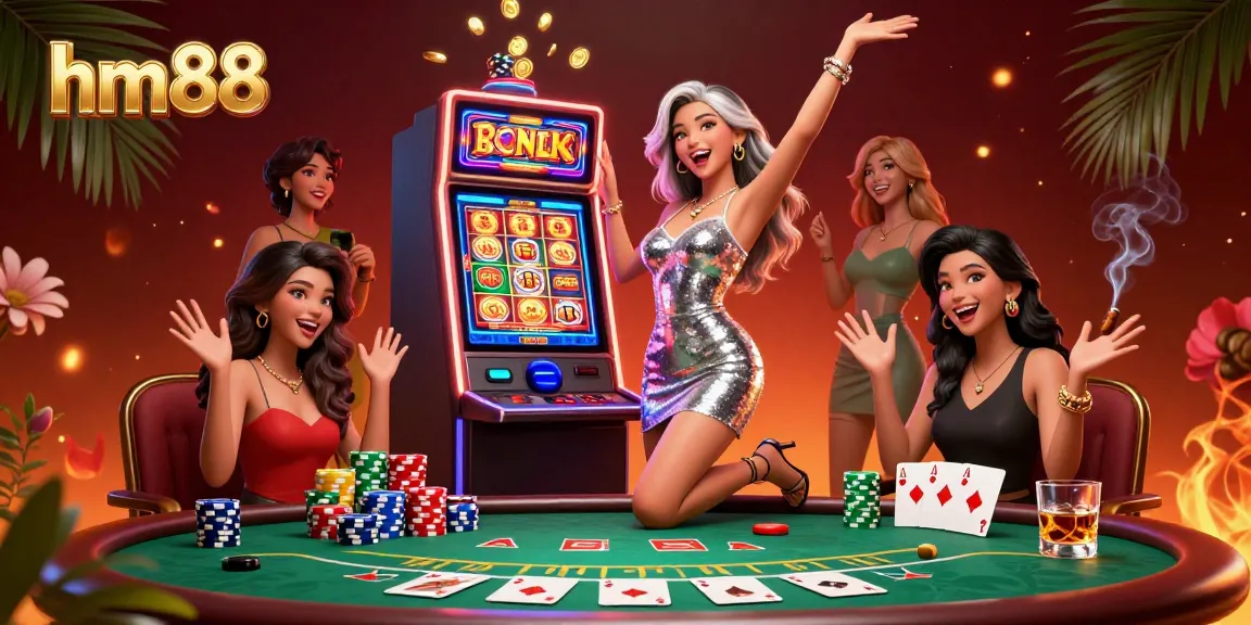 Celebrate winning at hm88 with a stunning casino scene featuring a joyful Asian woman at the jackpot.