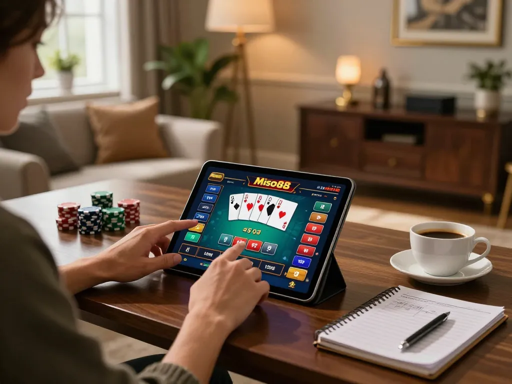 Miso88 player engaging in a dynamic online poker game, showcasing a stylish home gaming setup.