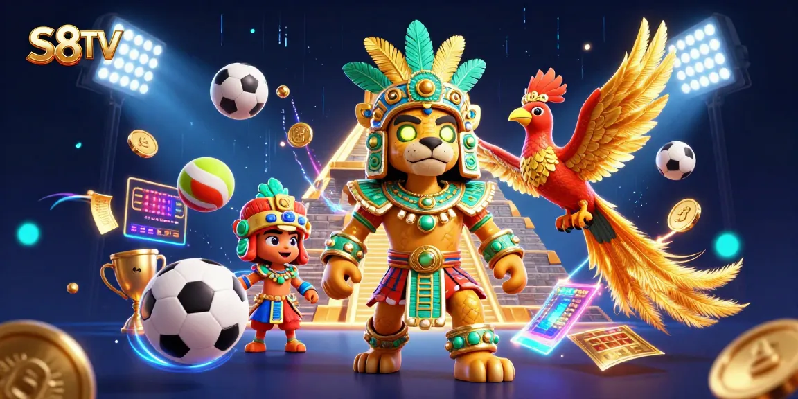 S8TV delivers live sports action, featuring dynamic elements like footballs, trophies, and betting slips.