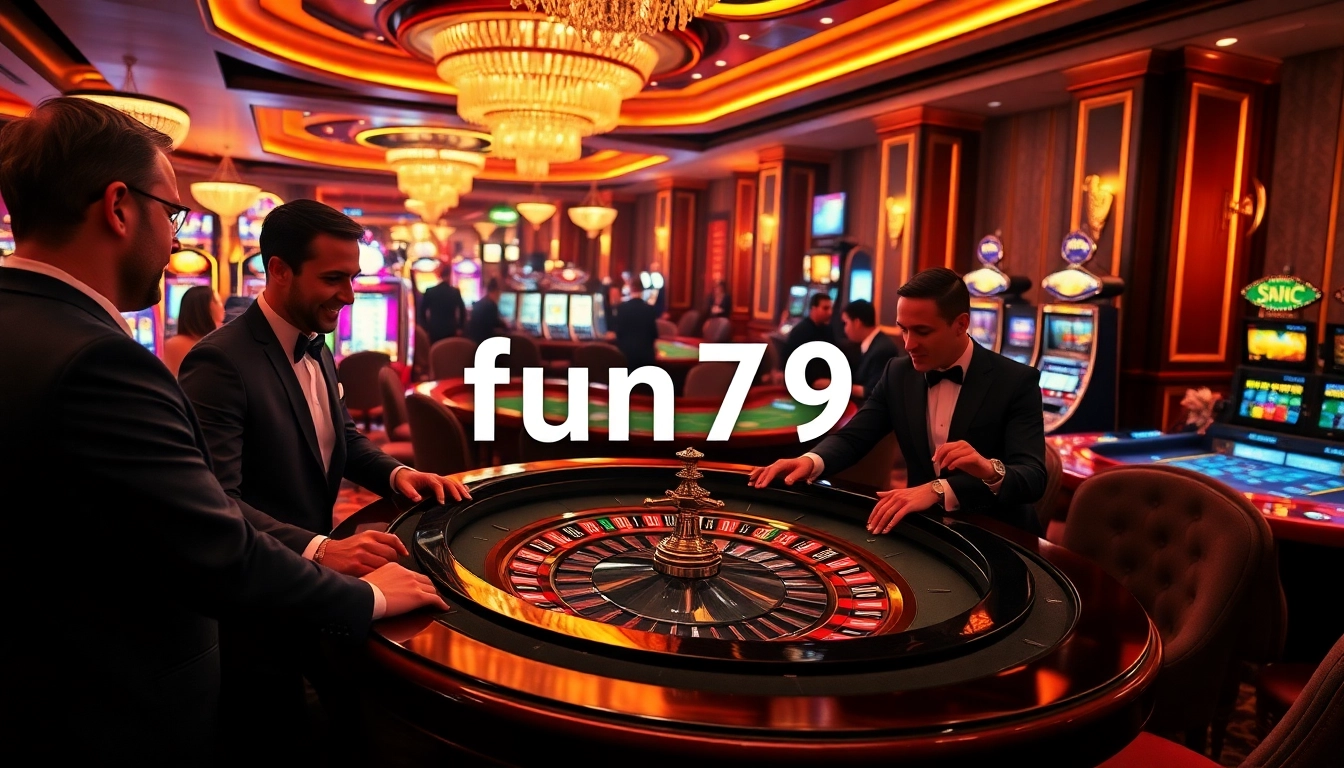 Patrons enjoying a high-stakes game at a luxurious fun79 casino table, surrounded by vibrant slot machines.