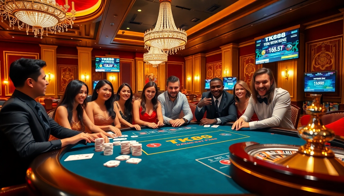 Players enjoying their time at the TK88 casino table with thrilling poker action and vibrant atmosphere.