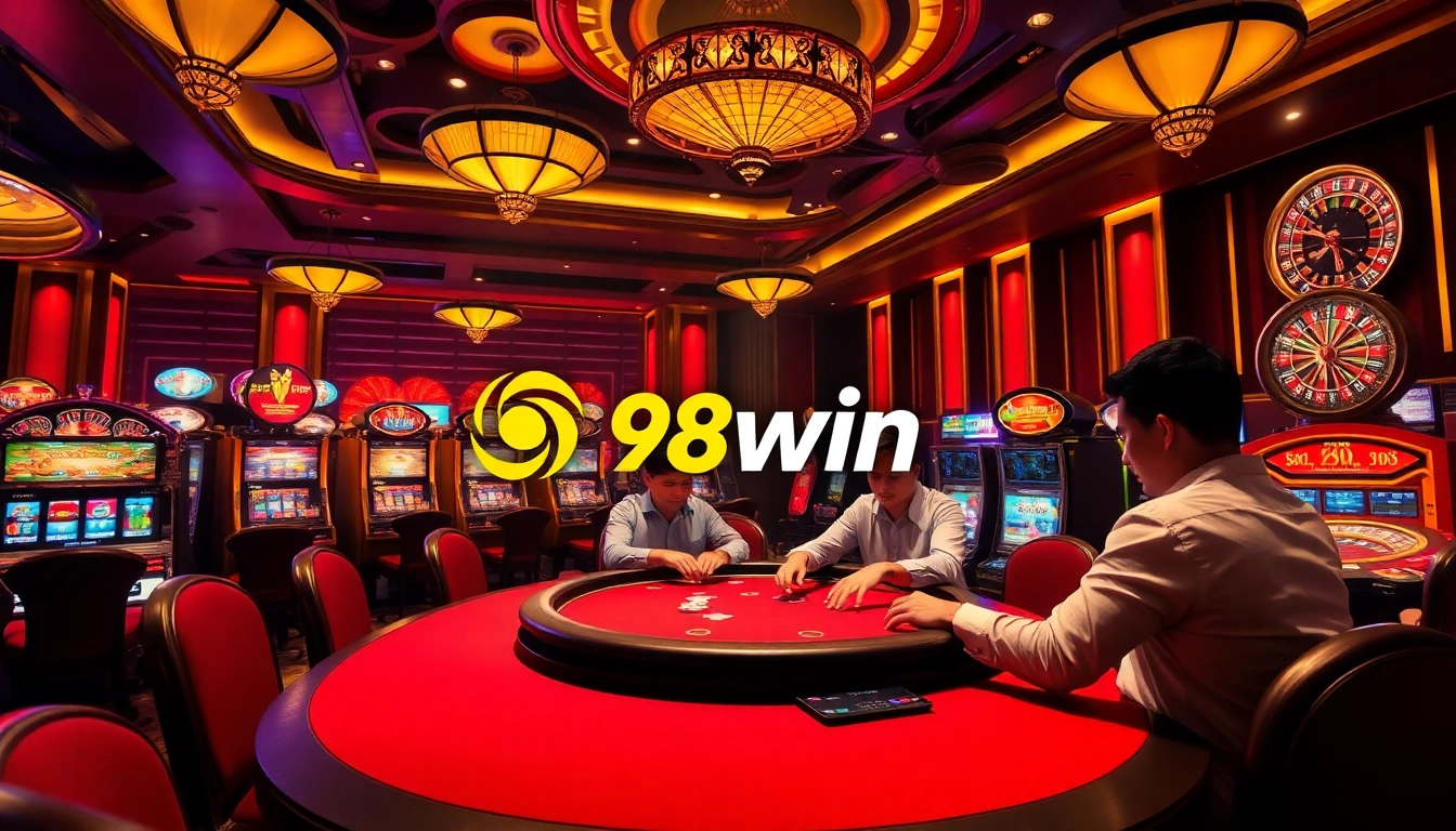 Experience the thrill of 98win with players focused on high-stakes gambling at a luxury casino table.