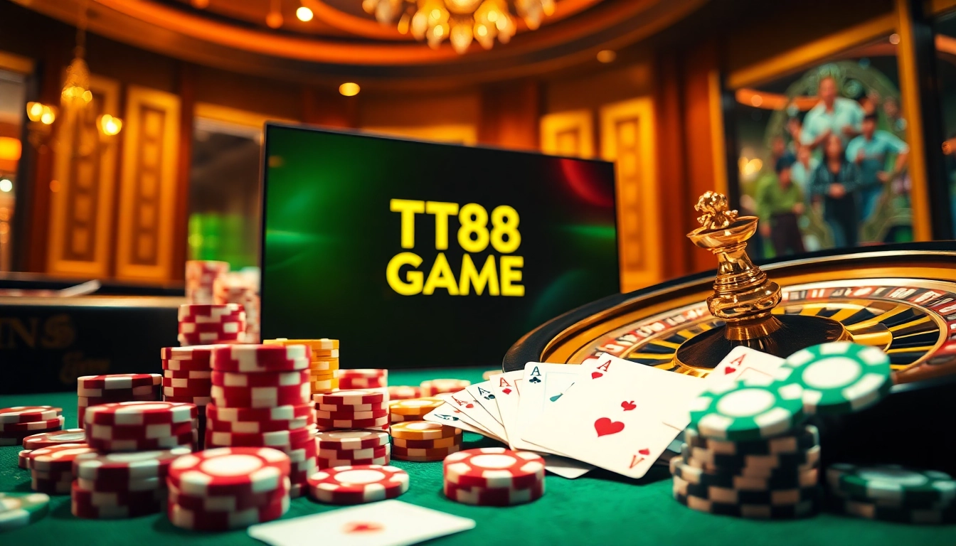 Engaging scene of players immersed in TT88 GAME casino experience with colorful chips and cards.