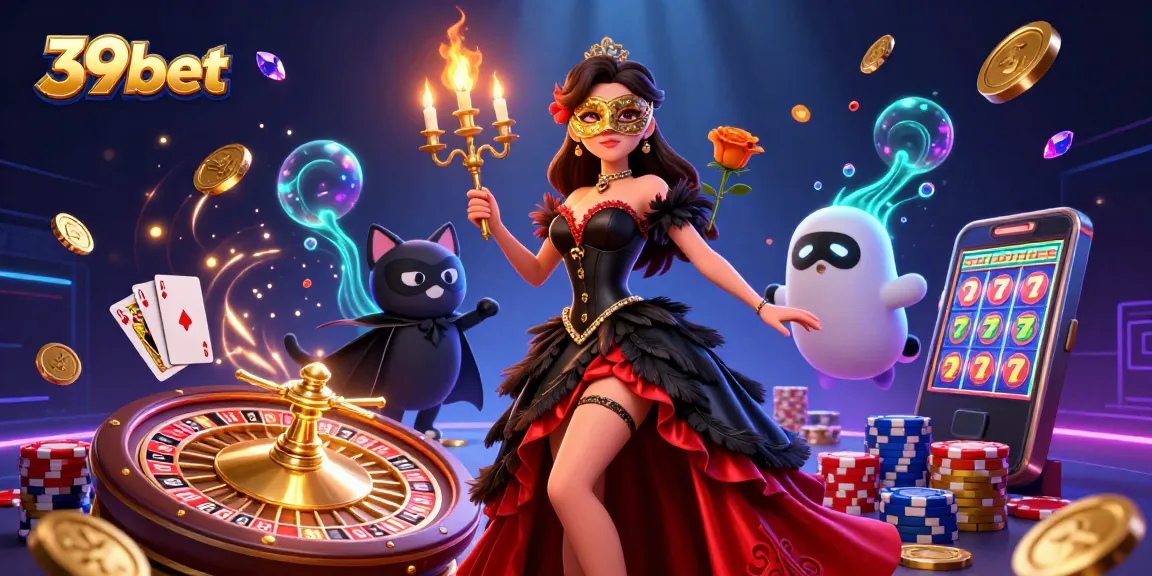 Experience thrilling games at 39bet, with vibrant illustrations showcasing casino excitement and winning opportunities.