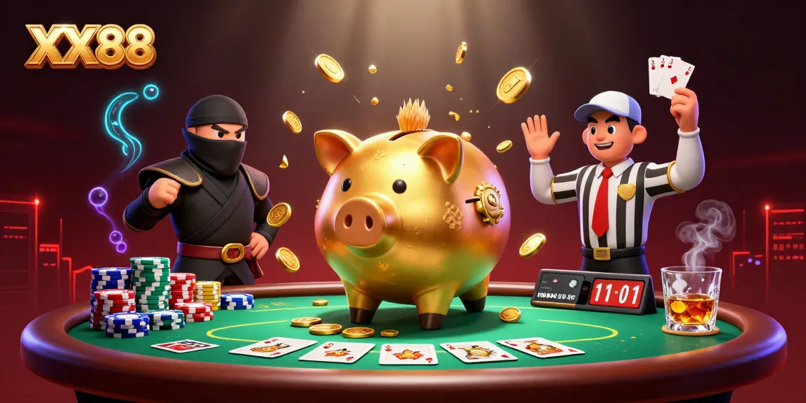Experience interactive play at XX88 with a golden piggy bank sumo wrestler in this vibrant casino scene.