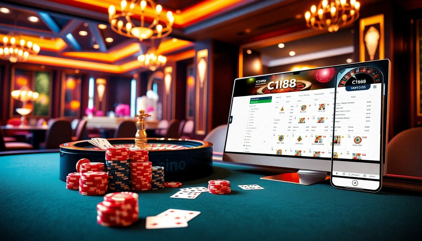 Engaging C168 casino setting with poker chips and a roulette wheel, highlighting gaming excitement.