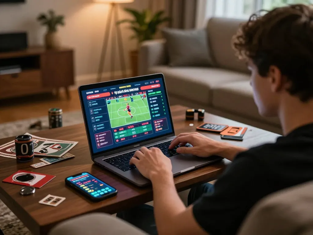 Engaged player analyzing tỷ lệ kèo nhà cái on a laptop during an online sports betting session.