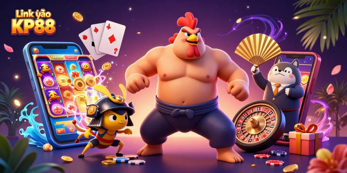Experience thrilling action at Link vào KP88 with powerful rooster sumo wrestler and vibrant casino elements.