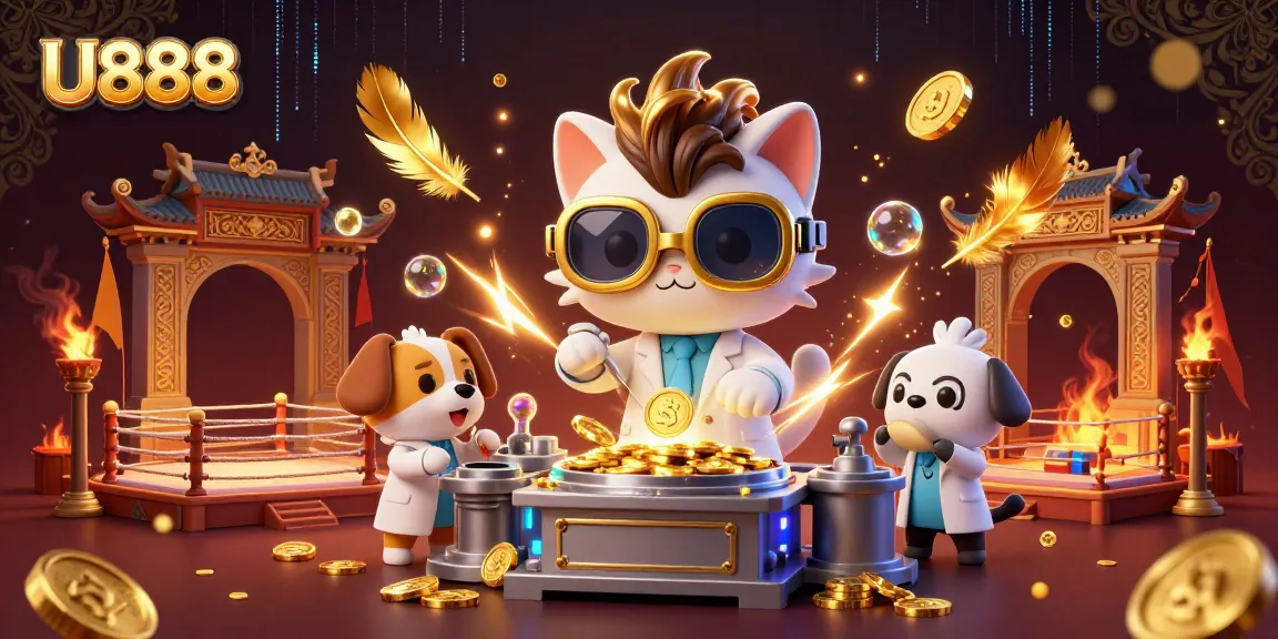 Engage with U888's thrilling gaming scene featuring a mad scientist cat and a dog mastering gold coin creation.
