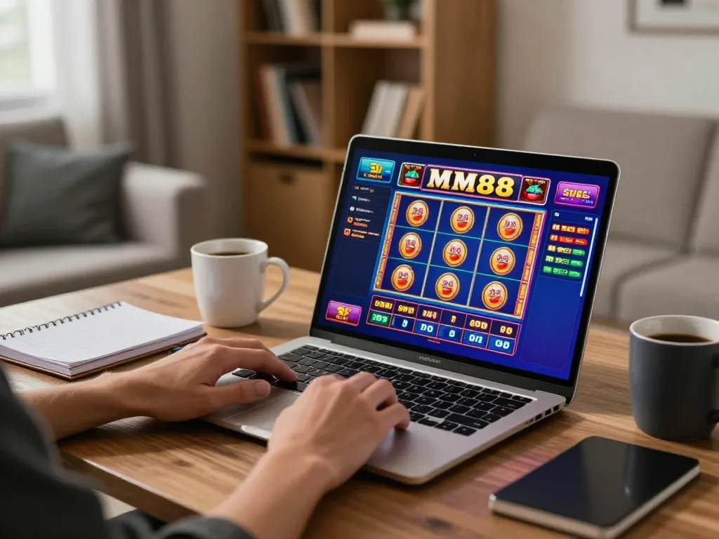 Player engaging in MM88 online casino gaming from a cozy home desk, laptop displaying vibrant game graphics.