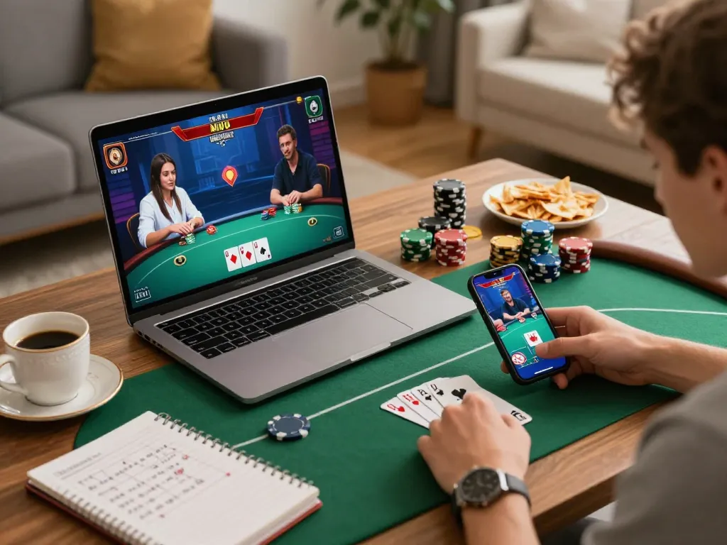 Players enjoying poker on NK88 platform from home, depicting strategic gameplay and comfort
