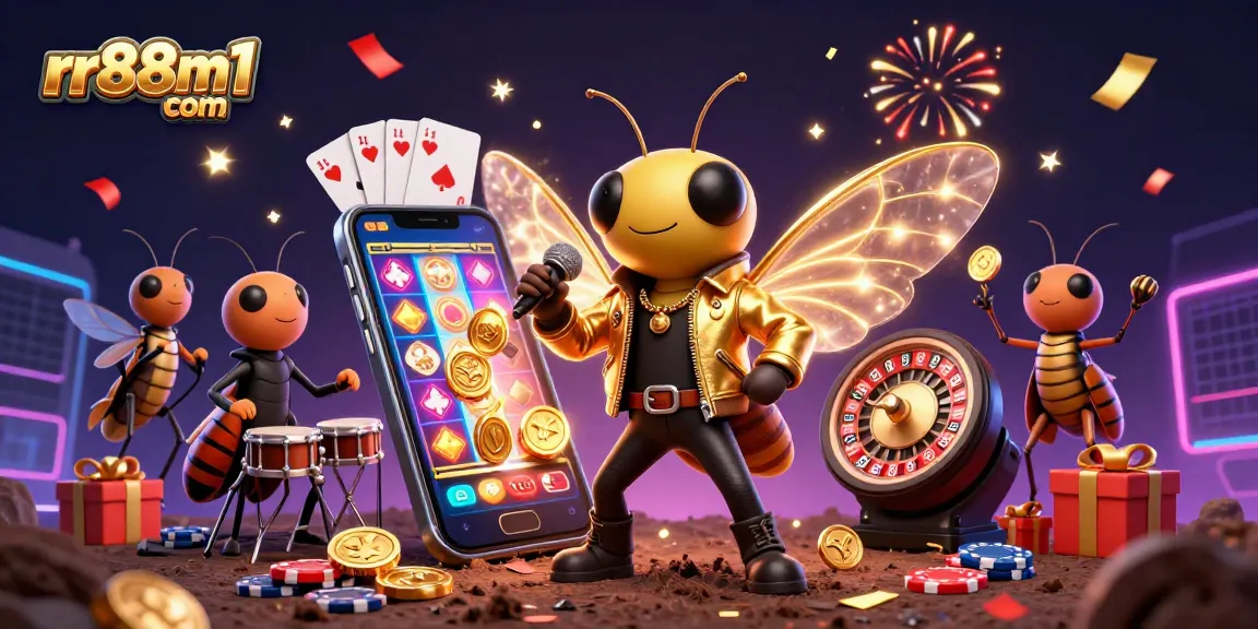 Experience the excitement of rr88m1 com with a dazzling illustration of a rock star cicada and game elements.