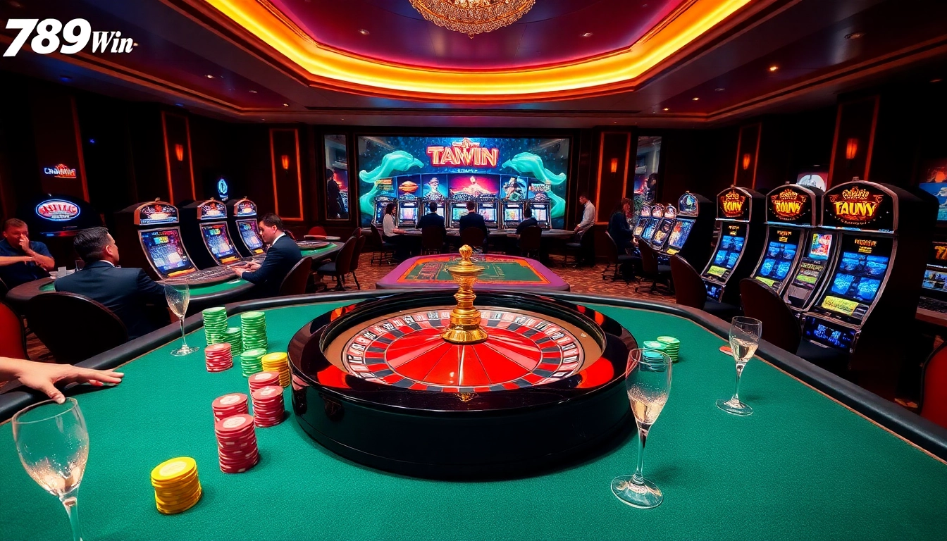 Players enjoying games at 789Win casino with vibrant roulette wheel and poker tables.
