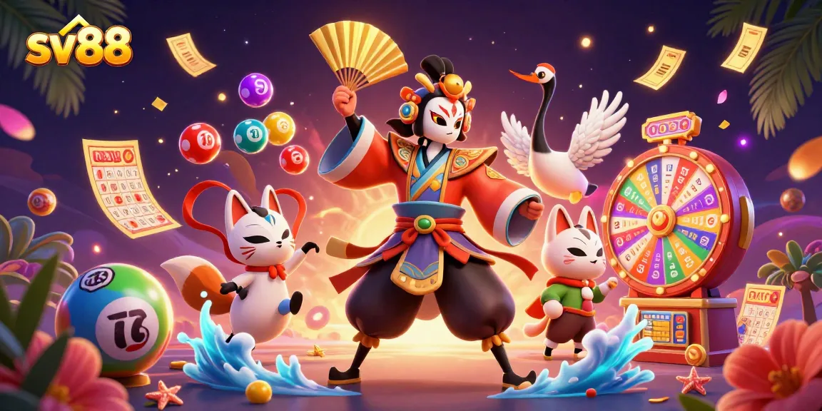 Engage with thrilling sv88 gaming experiences as kabuki warriors and colorful lottery elements fill the scene.