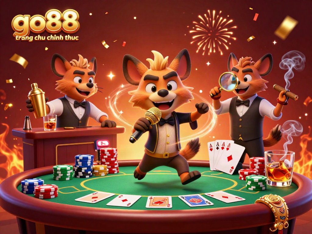 Join the fun at go88 trang chu chinh thuc with lively hyenas in a casino scene mixing drinks, telling jokes, and enjoying the game.