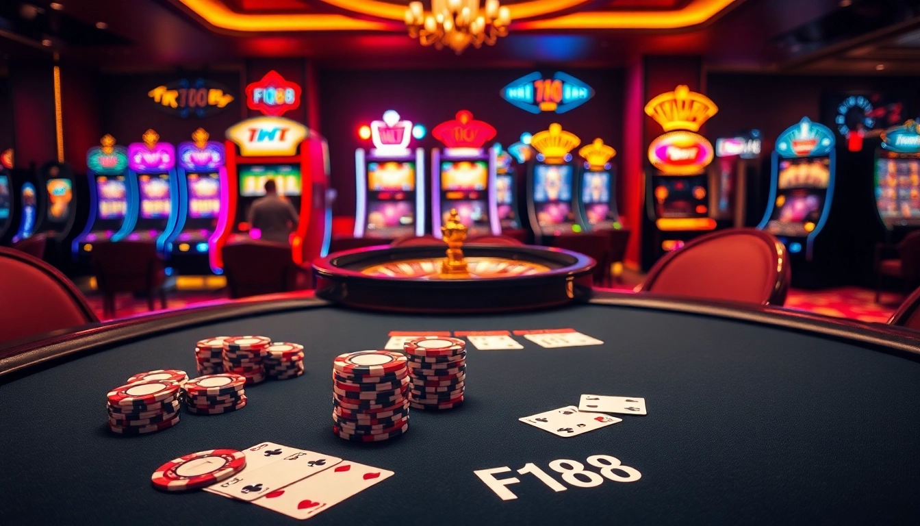 Experience excitement at F168's upscale casino with vibrant gaming tables and slot machines.