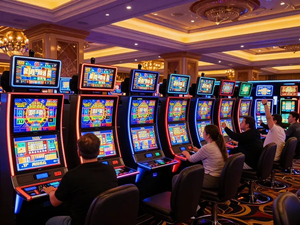 Các người chơi tận hưởng những trò máy đánh bạc LUCK8 đầy hấp dẫn trong một môi trường sòng bạc sôi động.
