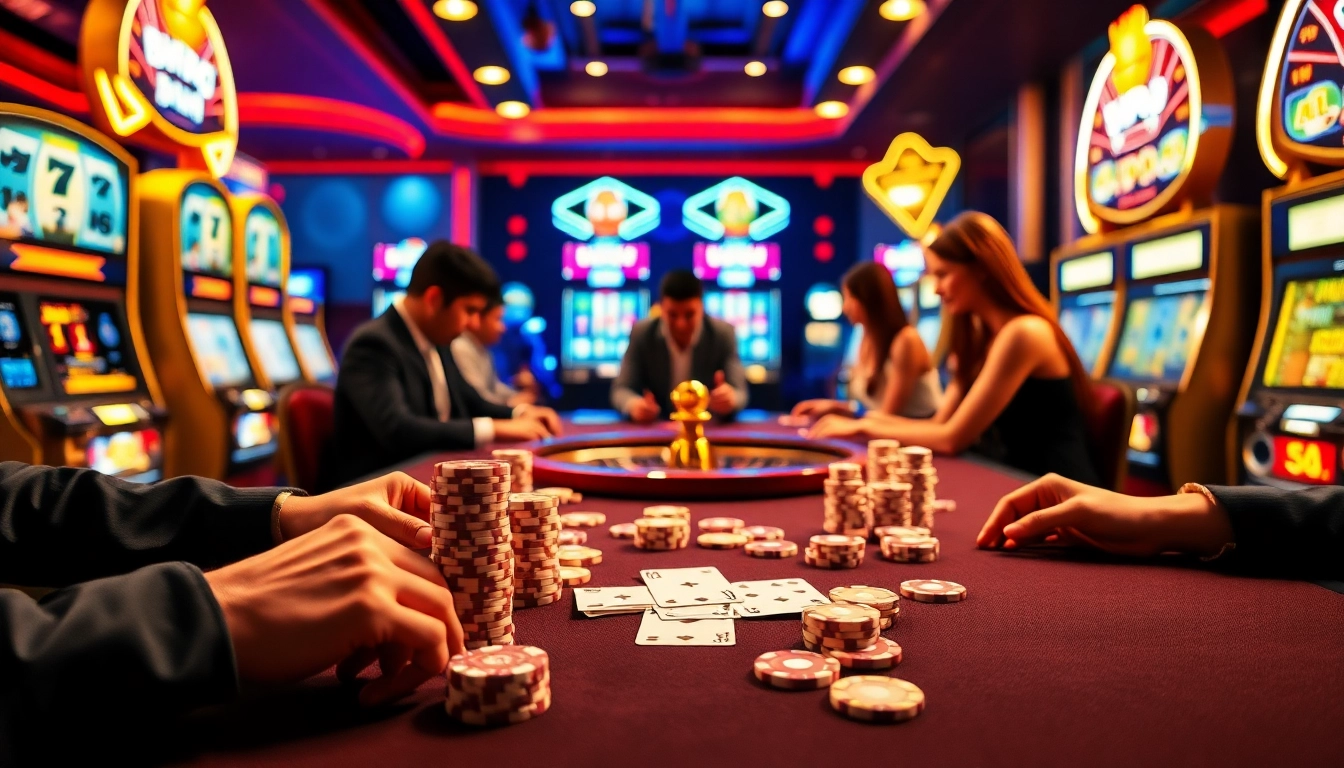 Experience thrilling gameplay at Lucky88 casino with vibrant poker tables and luxurious slot machines.