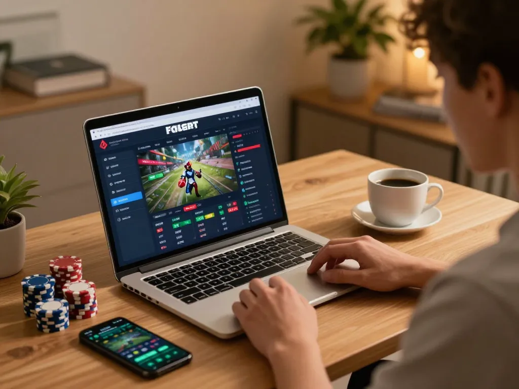 Player engaging with fabet online casino from a cozy home setup, showcasing strategic gameplay with chips and laptop.