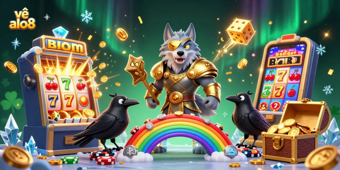 Experience the thrill of about ALO8 with a vibrant 3D casino scene featuring mythical characters and dynamic slot elements.
