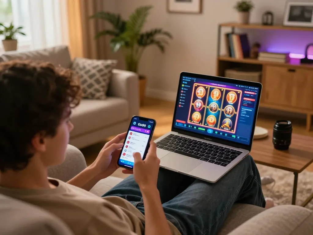 Engaging with Go99 casino app on smartphone in a cozy home setting showcasing online gaming