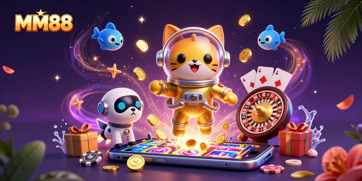 MM88 engages players with a vibrant 3D casino illustration showcasing dynamic slot game elements.