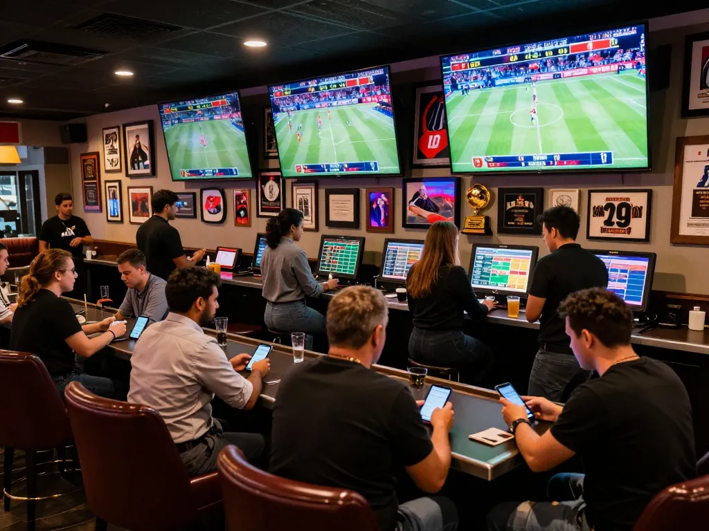 Sports betting lounge bustling with excitement and live scores, capturing critical ผลบอล moments for avid bettors.