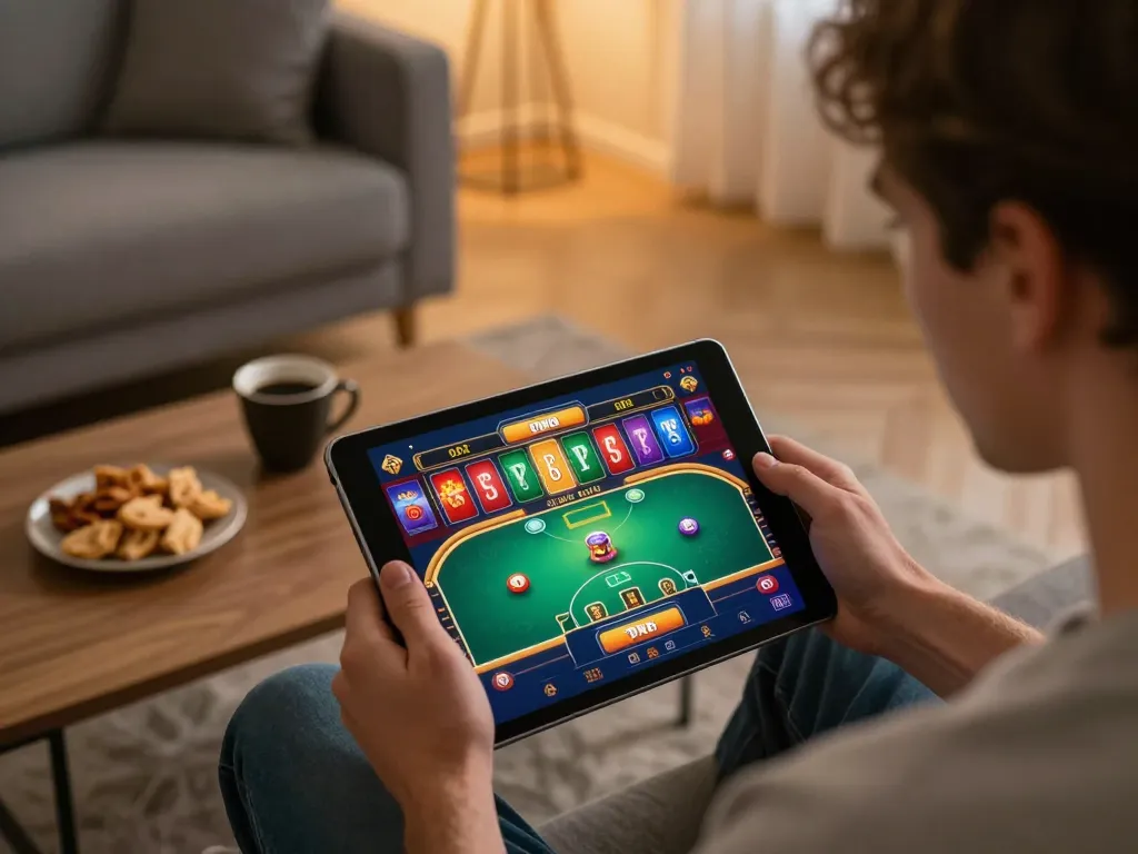 Player engaging in dn 88 online casino games on tablet in cozy home setup, illustrating strategy and comfort.