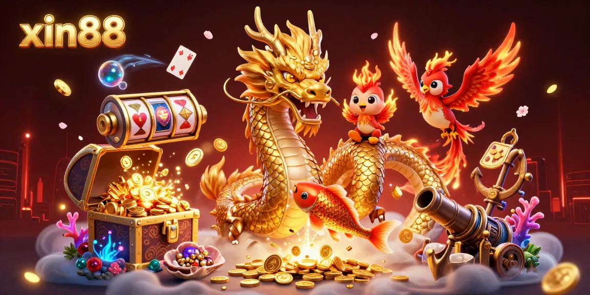 Experience slot games at xin88 with a dynamic scene of dragon, phoenix, and coins.