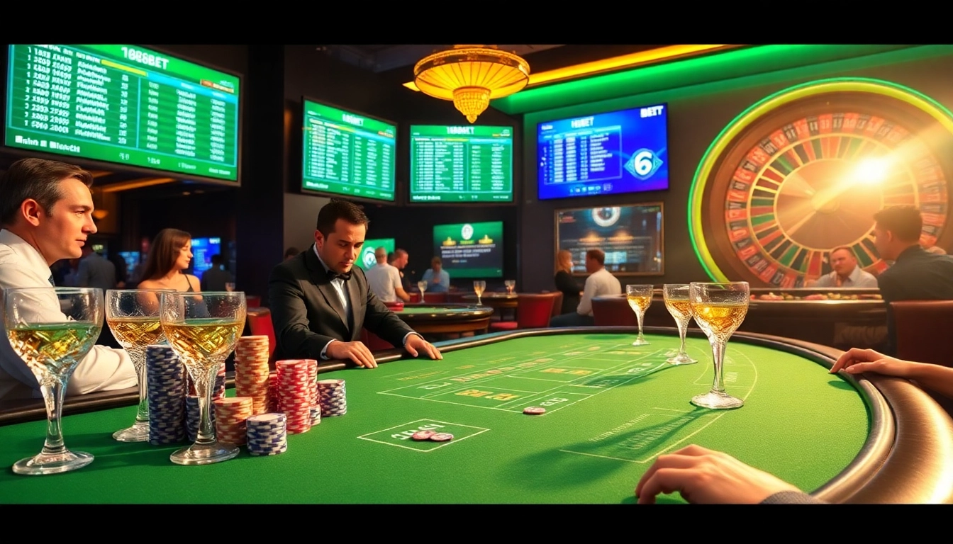 Players engaged in a thrilling game at a luxurious 188BET casino table, surrounded by vibrant poker chips and a roulette wheel.