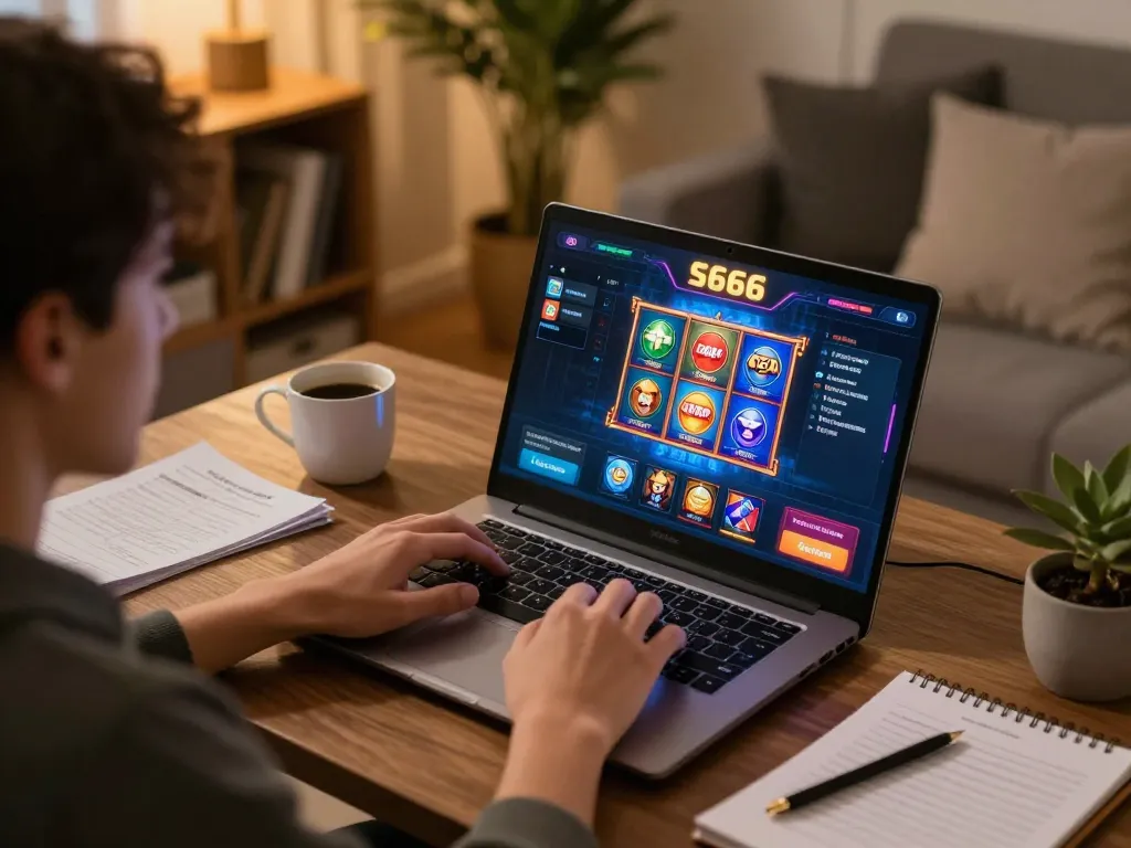 S666 đăng nhập screen displayed on a laptop during an engaging online gaming session in a cozy home environment.