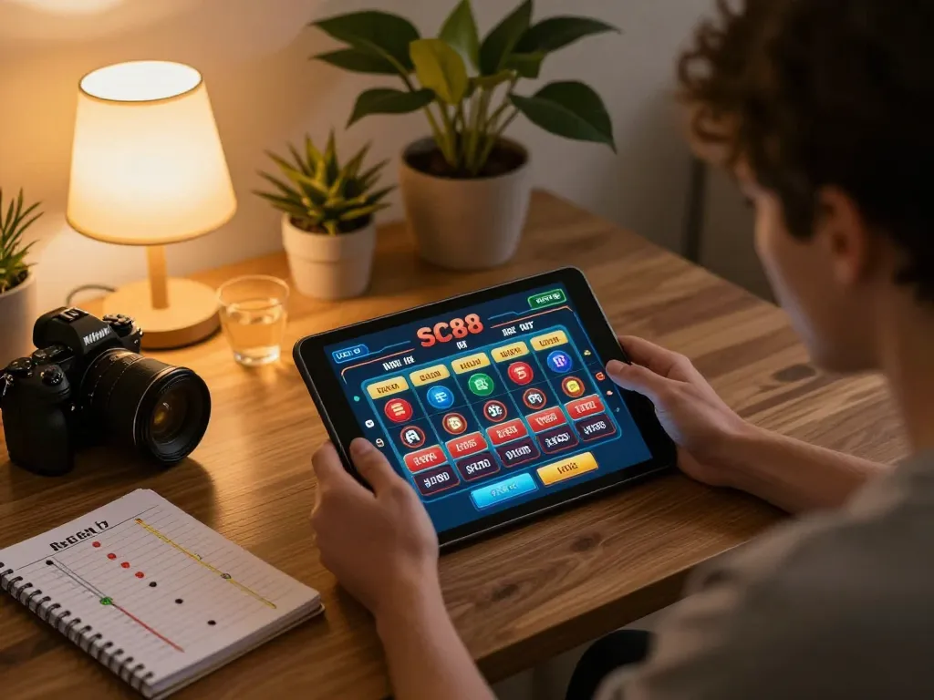 Engaging SC88 online gameplay on a tablet in a cozy living room, showcasing strategic betting.