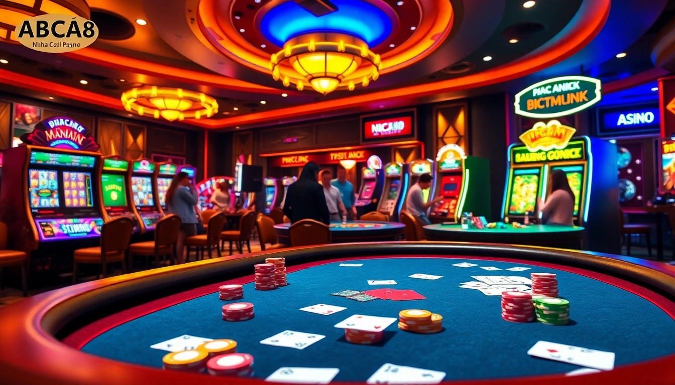 Engage with the thrilling atmosphere of Nhà Cái ABC8 through a vibrant casino scene showcasing poker and roulette.