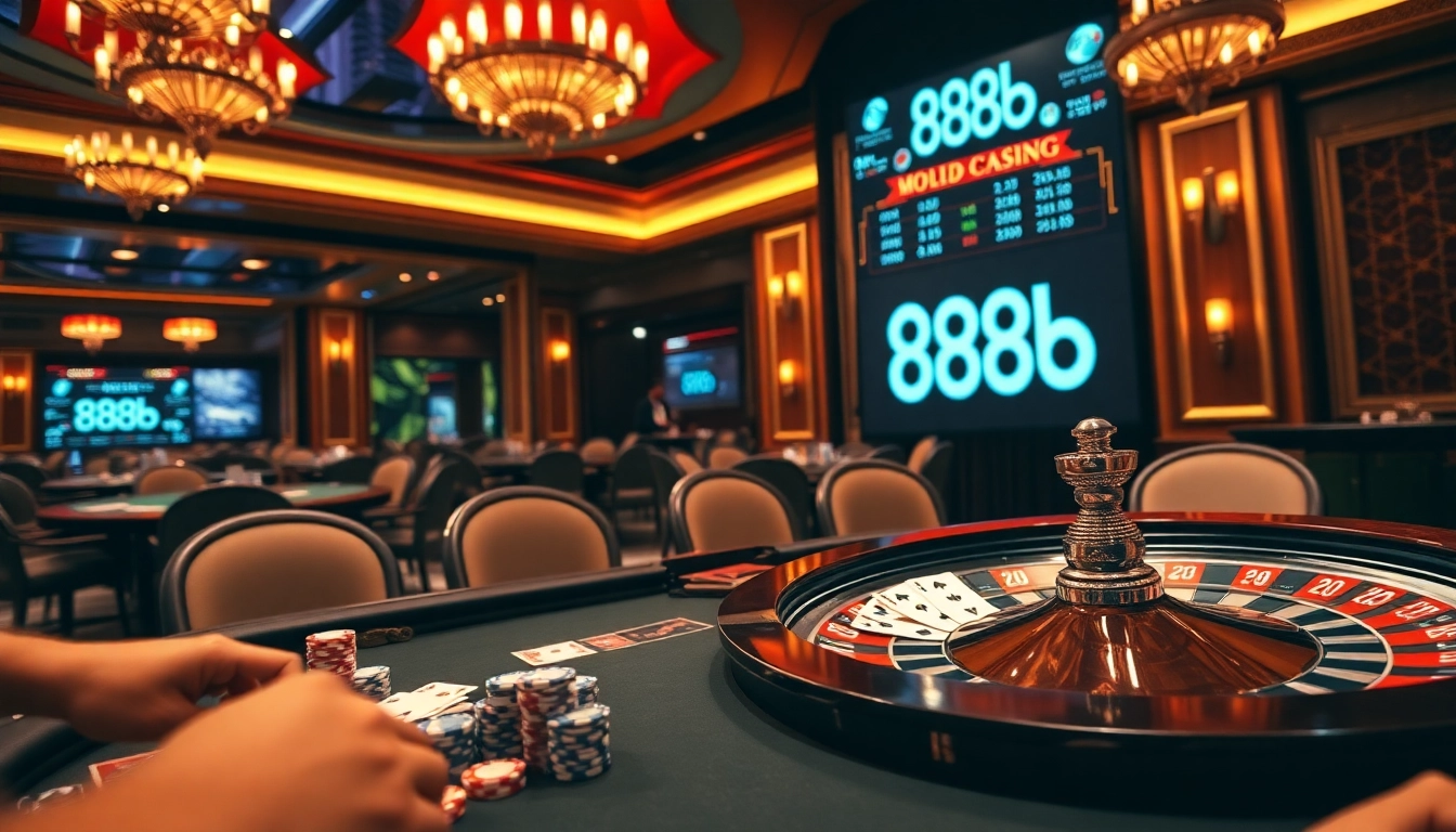 Exciting poker game scene at 888b casino featuring vibrant chips and roulette.