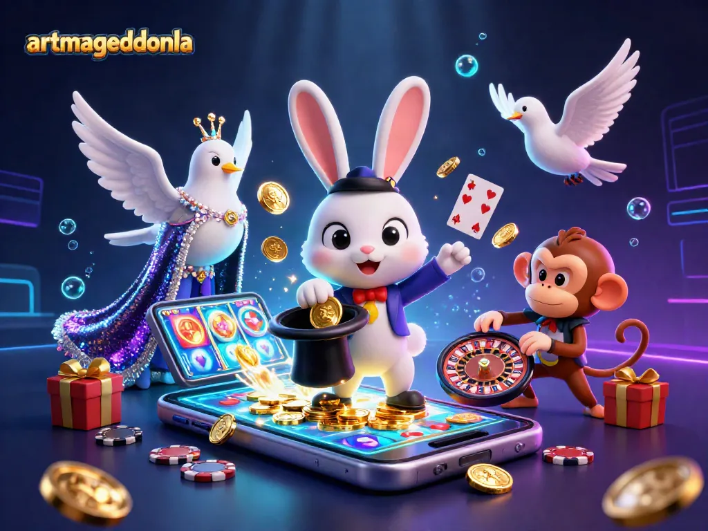 Engage with artmageddonla's electrifying casino gaming scene featuring a magician, dove, and monkey.