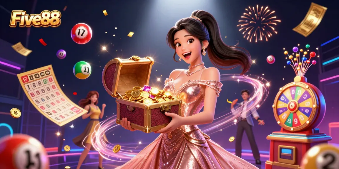 Experience the thrill of Five88 with vibrant treasures in a dynamic casino scene.