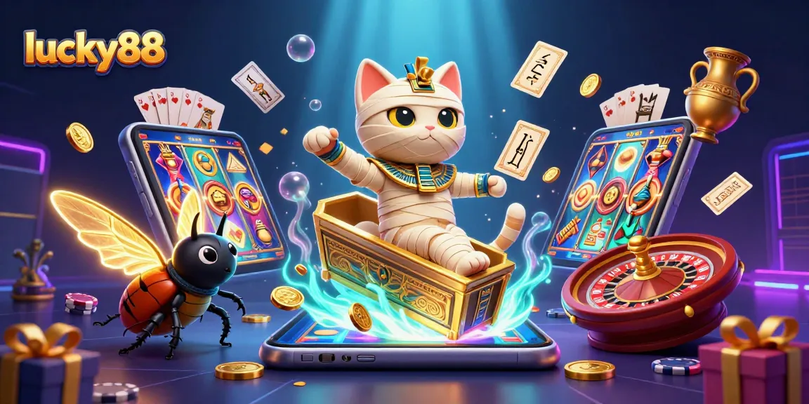 Engage with the thrilling lucky88 slot experience featuring an Egyptian mummy cat in an extravagant casino.
