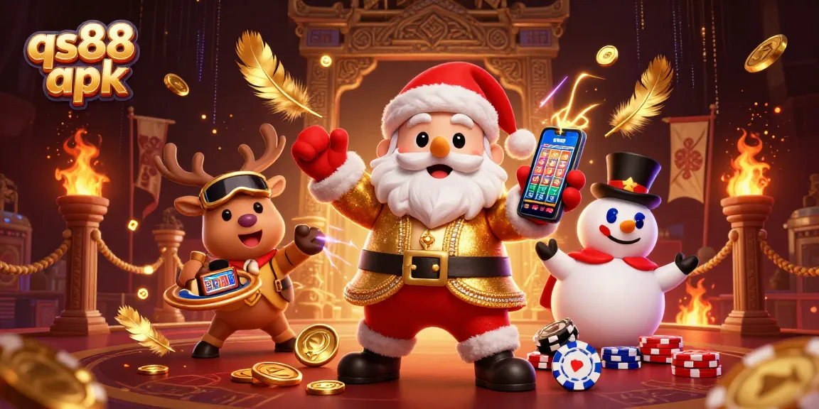 Experience the thrill of qs88 apk with a vibrant casino scene featuring festive characters and gaming elements.