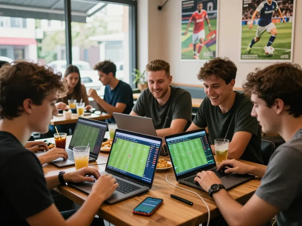 Group analyzing kèo nhà cái odds in a lively café with screens and drinks.