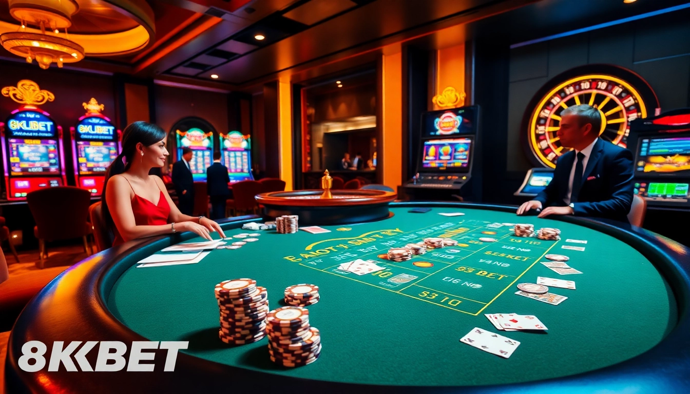 Players engaging in thrilling blackjack at 8KBET casino, showcasing excitement and luxury.
