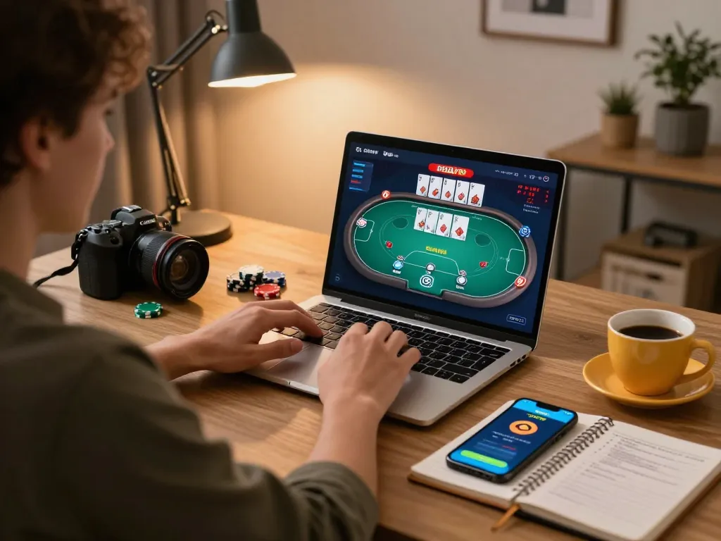 DOLA789 online poker session with chips and game interface on laptop, showcasing responsible gaming strategy.