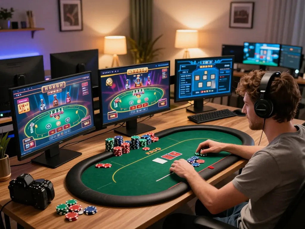 Player engaging in thrilling va88 online poker game on multiple screens, showcasing strategic gameplay.